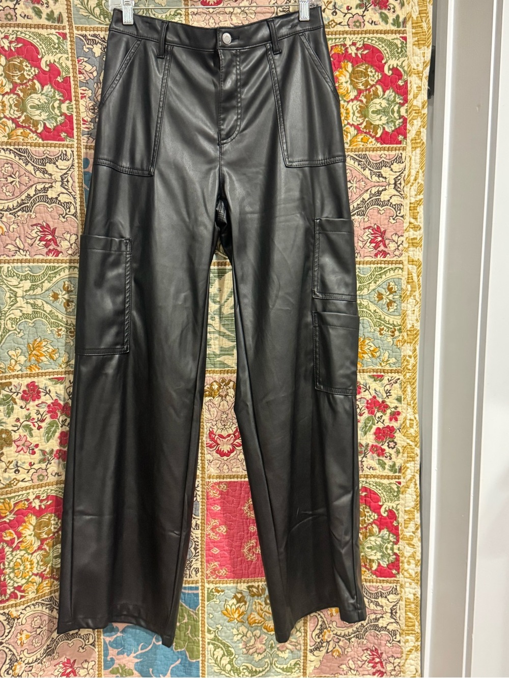 Black Faux Leather Womens Cargo Pants